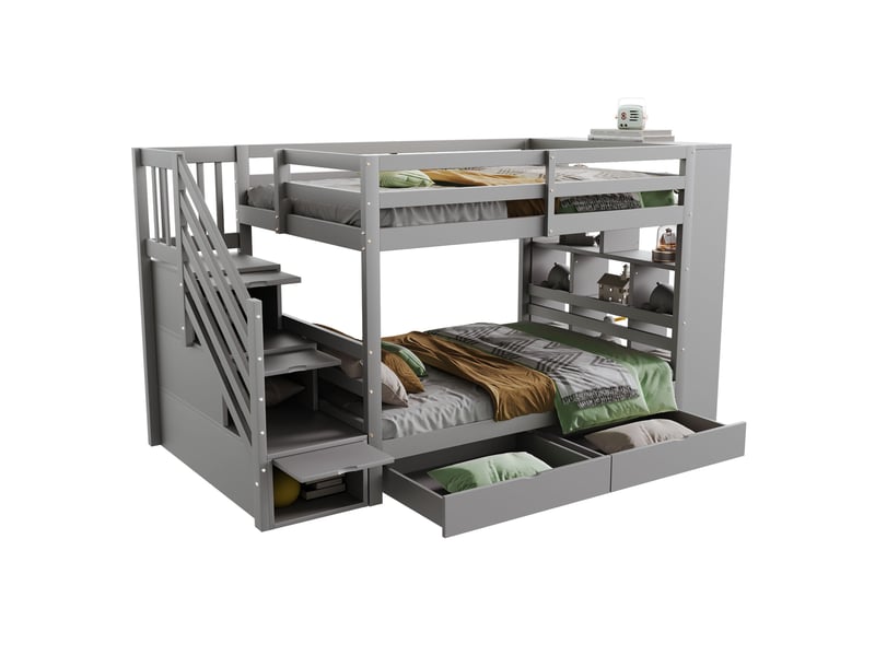 Lit superposé enfant 90x200 cm – gris – escalier sécurisé, 2 tiroirs et rangements – sans matelas - Conforama A