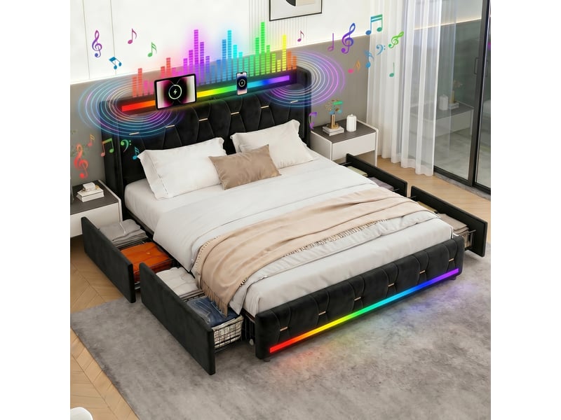  Lit 160x200 cm noir avec rangement, led, 4 tiroirs,ports usb+type-c sans matelas EBD855Q-BK - Conforama B