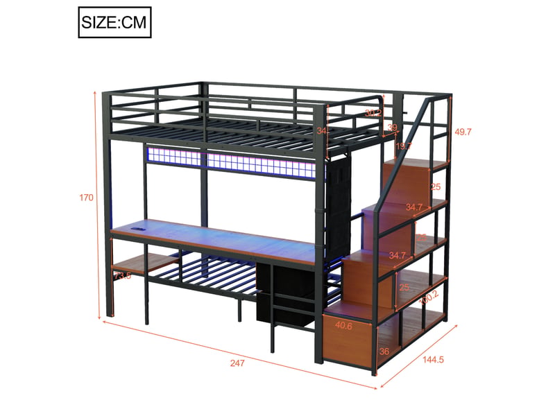  Lit mezzanine 247x144,5x170 cm avec bureau, led et rangements noir  - Conforama C