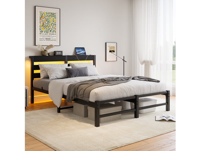  Cadre de lit, lit double 140x190 cm, rangement intégré, led, usb, métal et bois noir, sans matelas  - Conforama C