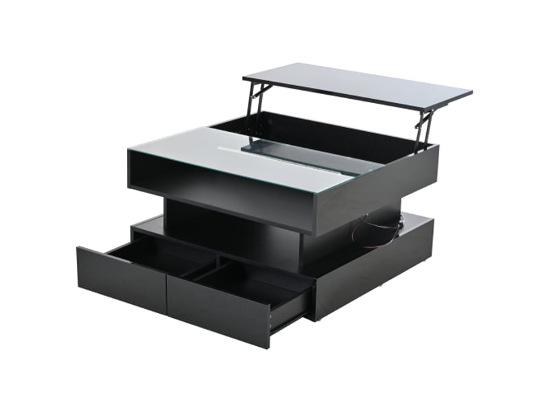 Table basse réglable 80×80 cm – rangements cachés, 2 tiroirs, éclairage led, verre trempé noir brillant - Conforama E