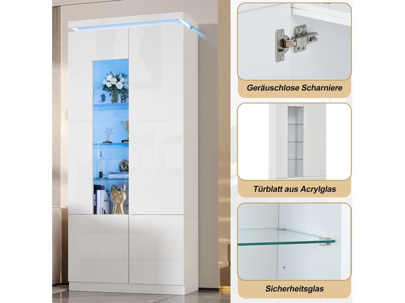  Vitrine 80x35x180 cm à 4 portes avec led coloris blanc brillant  - Conforama E