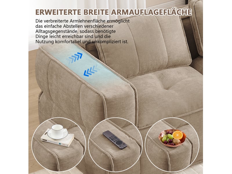  Canapé panoramique en u 4 places modulaire avec 2 poufs, mousse haute densité 32d, en polyester beige  - Conforama E