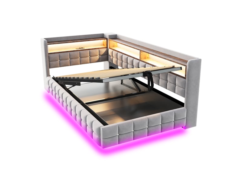  Lit simple 90x200 cm gris clair, éclairage led, usb type-c, rangement hydraulique et bois  - Conforama B
