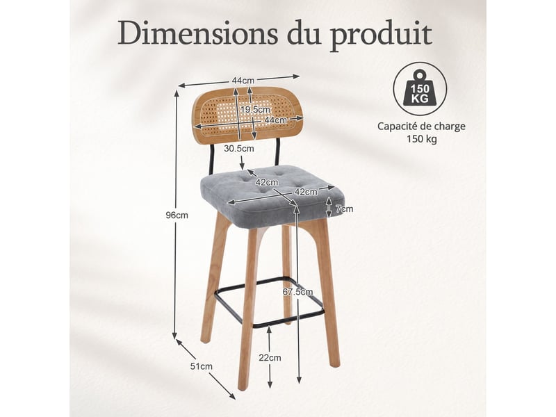  Lot de 2 tabourets de bar pivotants 360° avec dossier en rotin et assise en chenille, gris, 44 x 51 x 96 cm Fay Lum - Conforama C
