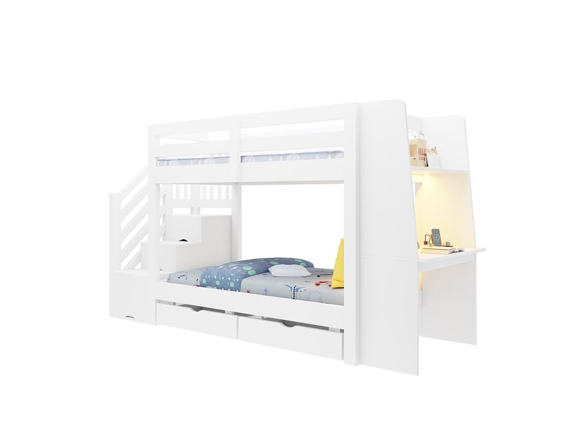  Lit superposé enfant en bois 90x200 cm avec bureau, escalier avec rangements, tiroirs, led et prise électrique, pour adolescent - blanc  - Conforama A