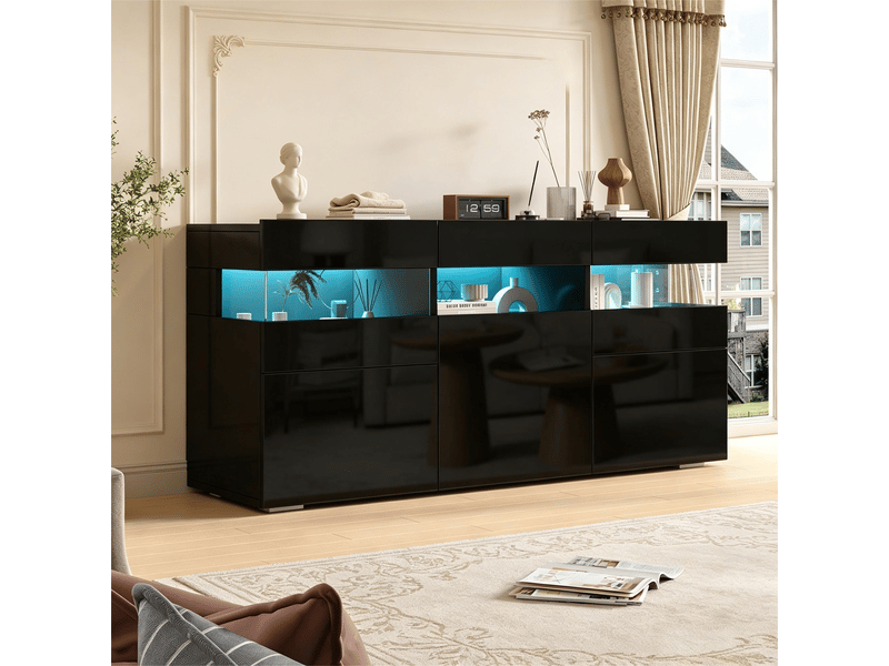  Buffet 3 portes avec 7 espaces de rangement led pour salon en panneaux de particules 140×40,5×66,5 cm noir  - Conforama B