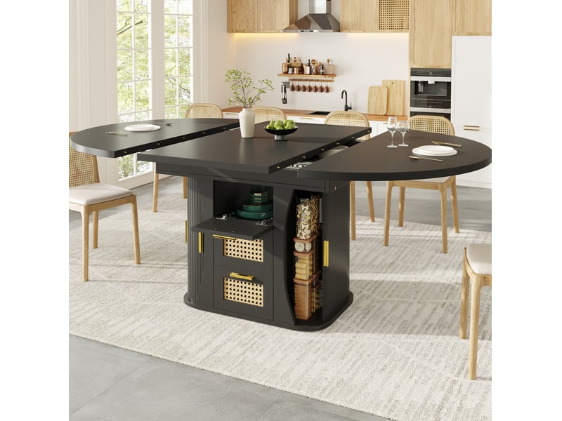  Table à manger extensible 118158x118x77.1 cm avec tiroirs aspect rotin en mdf noir  - Conforama B