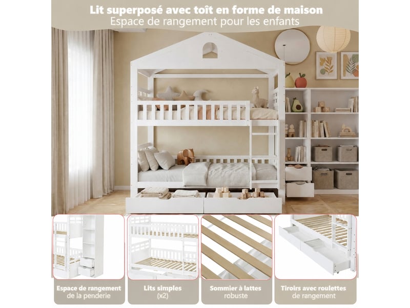  Lit cabane superposé 90 x 200 cm blanc pour enfants, 2 couchages avec tiroirs et rangement latéral  - Conforama R