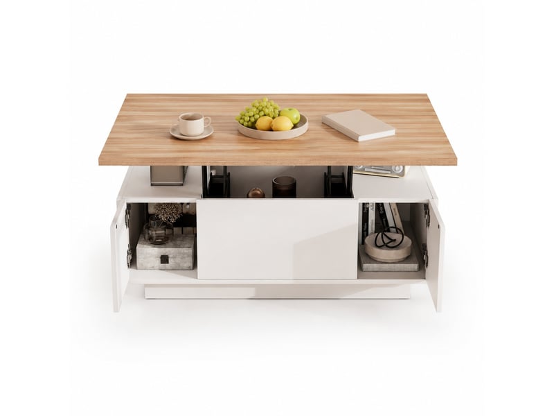 Table basse relevable à double plateau avec 2 portes pour salon en panneaux de particules 100×50×55,5 cm blanc et bois - Conforama A
