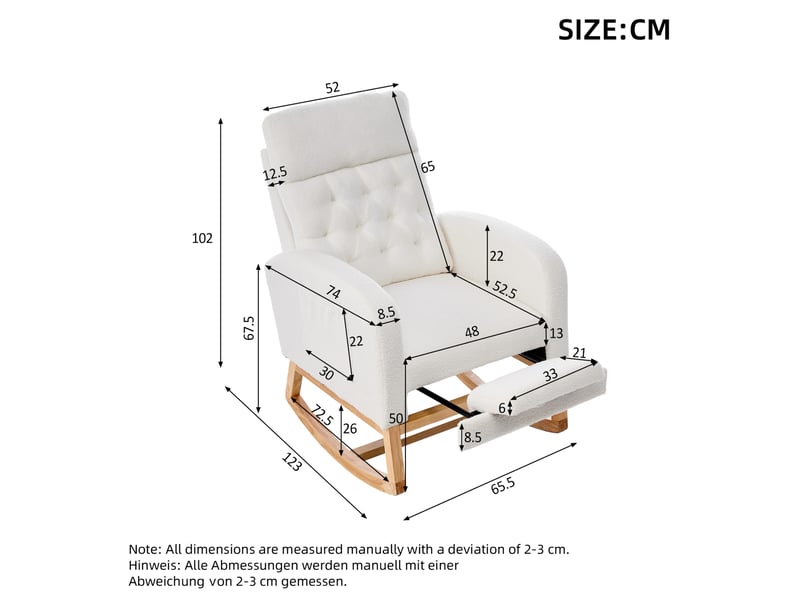  Fauteuil à bascule 65,5x123x102 cm, oscillation 30°, repose-pieds extensible, poches latérales, bois bouclé, blanc  - Conforama C