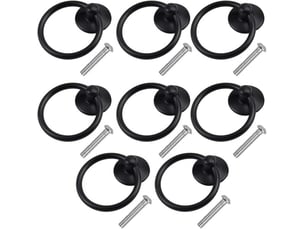 Jeu de 8 boutons à anneau déployables noirs, poignées métalliques rondes pour portes et tiroirs avec vis