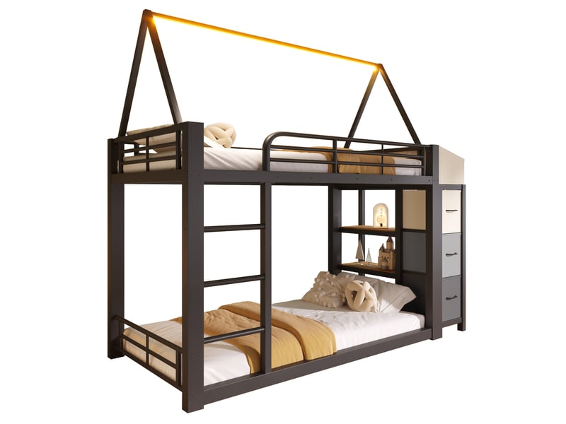  Lit mezzanine cabane 90 x 200 cm avec étagères ouvertes, tiroirs en tissu et led multicolore, structure en mdf et métal noir, sans matelas  - Conforama A