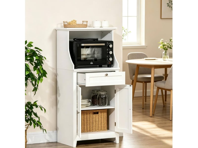  Meuble micro-ondes 60 x 40 x 122,5 cm blanc en mdf, avec porte, tiroir et rangement cuisine  - Conforama D