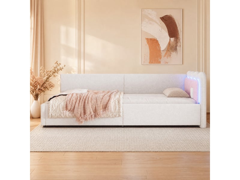  Méridienne lit de jour 90 x 200 cm avec éclairage à couleurs réglables et commande par application en velours blanc  - Conforama B