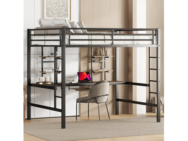  Lit mezzanine 140x200 cm avec bureau et 2 étagères, métal noir, enfants et adultes  - Conforama E