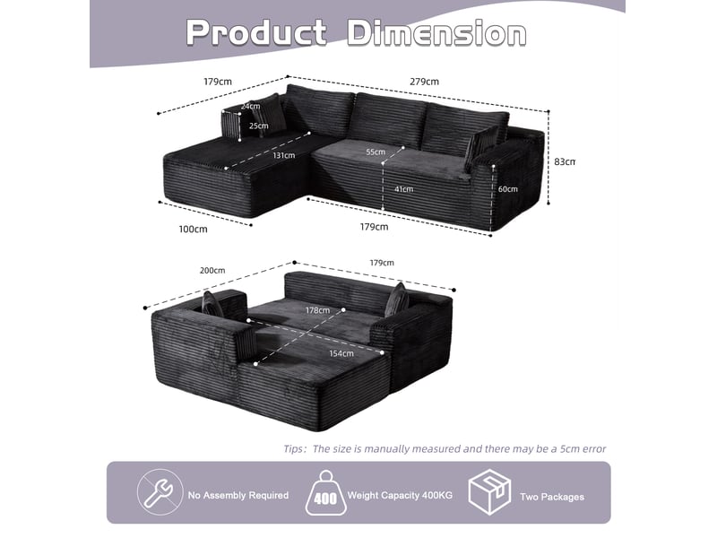  Canapé d’angle modulable modenvie avec chaise longue, 2 places, velours côtelé noir, 279 x 179 x 83 cm  - Conforama C
