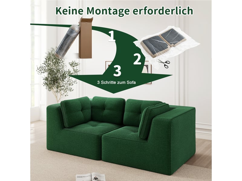  Canapé d'angle modulable 2 places en velours côtelé vert, sans montage, assise profonde, design sans cadre  - Conforama W