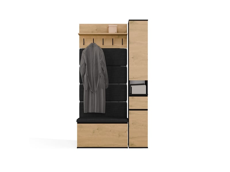  Lior - Meuble d'entrée - armoire avec siège et penderie - 110x202,5x35 cm – Chêne artisan / Noir  - Conforama E