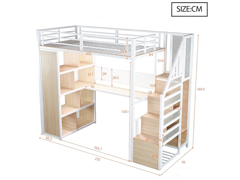  Lit mezzanine 90x200 cm avec bureau, rangements et led blanc  - Conforama C