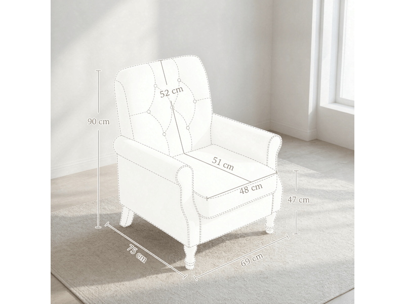 Fauteuil de salon 1 place 69x75x90 cm, dossier capitonné, assise épaisse à ressorts, pieds en bois, tissu lin, crème  - Conforama C