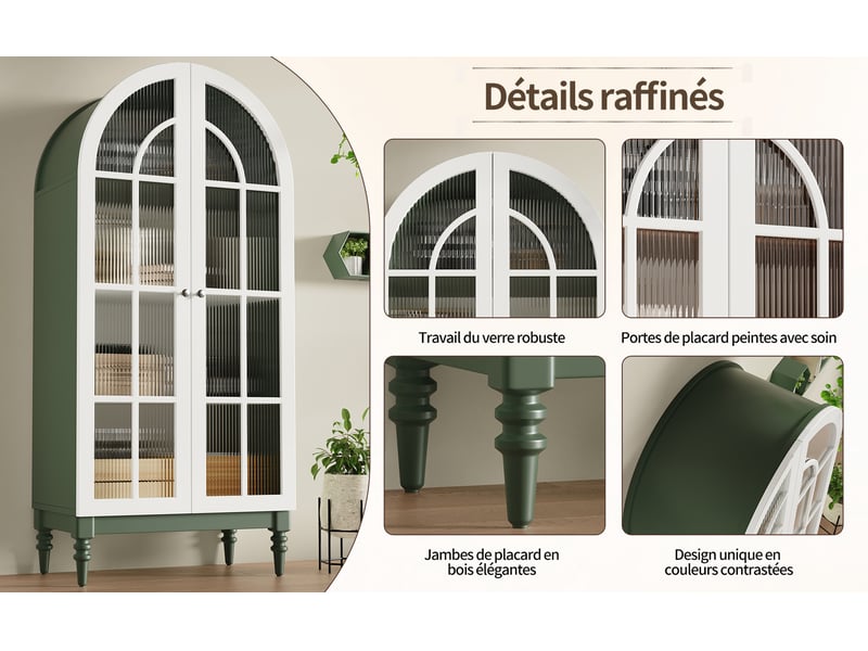  Vitrine cintrée, coloris vert foncé et blanc, 76 × 38,5 × 165 cm, mdf, métal et verre, portes doubles en verre cannelé  - Conforama D