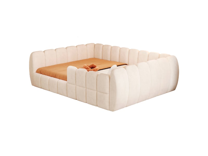  Lit simple en velours avec structure entièrement fermée et bords arrondis pour chambre d'enfant beige  - Conforama A