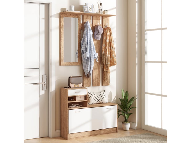  Porte-manteau 3 en 1 avec étagère à chaussures et miroir, crochets et tiroirs, en bois, 90 x 24 x 177 cm, blanc et noyer  - Conforama C