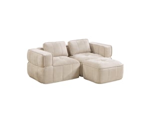 Canapé d'angle modulaire 2 places avec pouf, assise profonde et base antidérapante en polyester beige