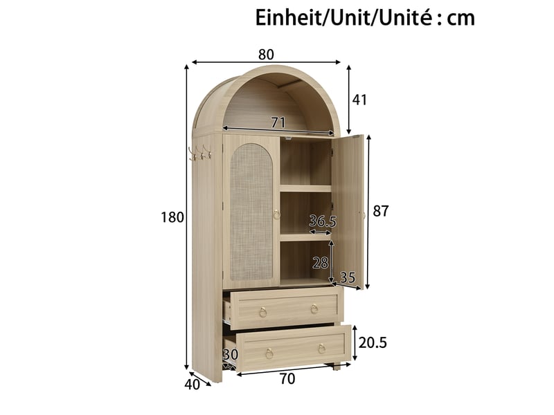 Armoire 80x40x180cm, tablettes ajustables et crochets latéraux, 2 tiroirs, portes en cannage de rotin, niche cintrée, style vintage  - Conforama D