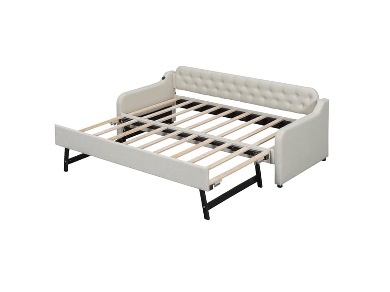  Lit gigogne 90x200 cm 2 en 1 avec tête de lit et usb, lin, beige, sans matelas  - Conforama E