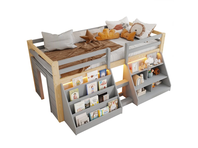 Lit mezzanine enfant 90x200 avec escalier et étagères de rangement, lit enfant avec éclairage led - pin gris et naturel - Conforama A