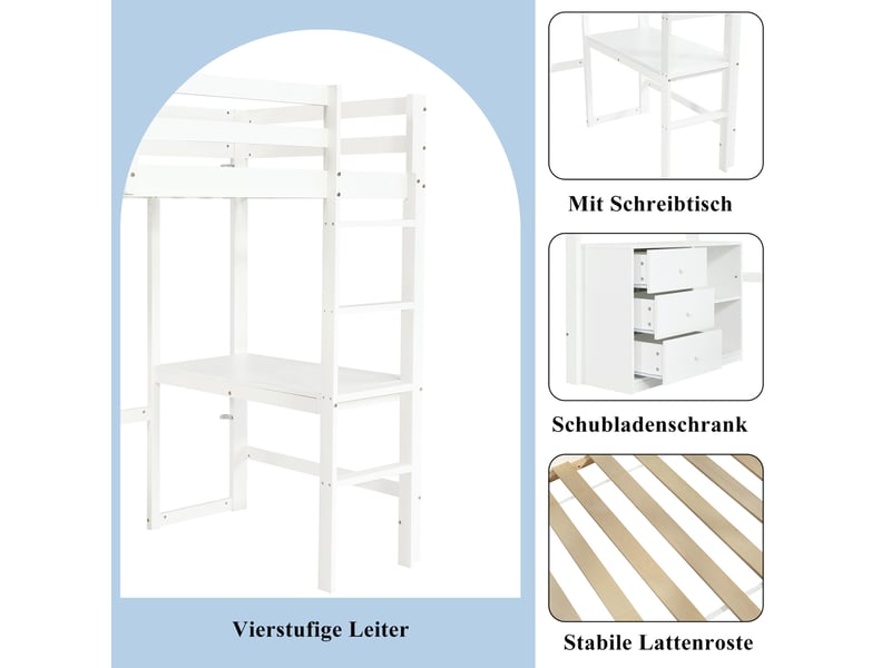  Lit mezzanine enfant 90x200 cm – blanc – bureau, rangement et échelle à 4 marches – sans matelas  - Conforama E