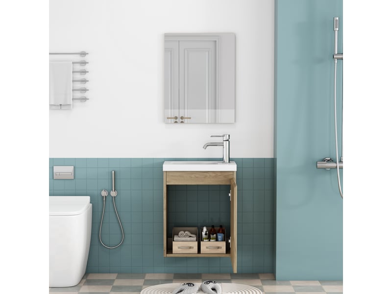 Meuble sous vasque mural avec 1 porte, vasque en céramique et miroir sans poignée pour salle de bain en mdf chêne  - Conforama E