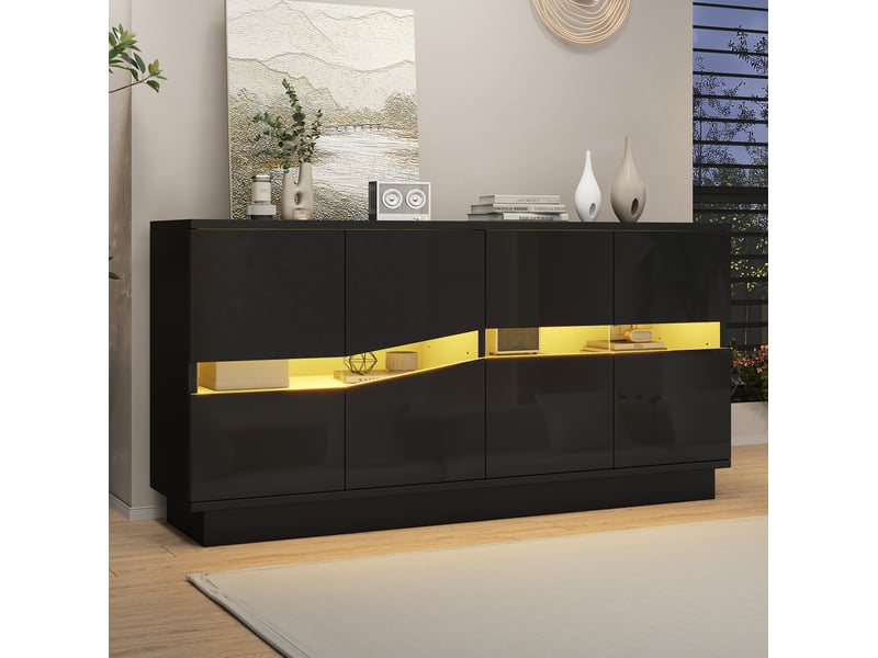  Buffet bas 140x35x70 cm à 4 portes led noir brillant  - Conforama E