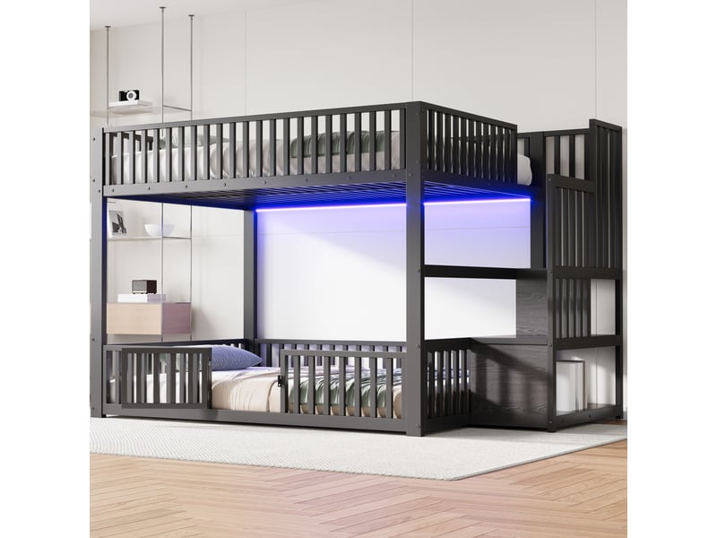 Lit superposé bas 140x200 cm avec échelle de rangement double, éclairage led intégré, barrières de sécurité et petite porte, noir  - Conforama C