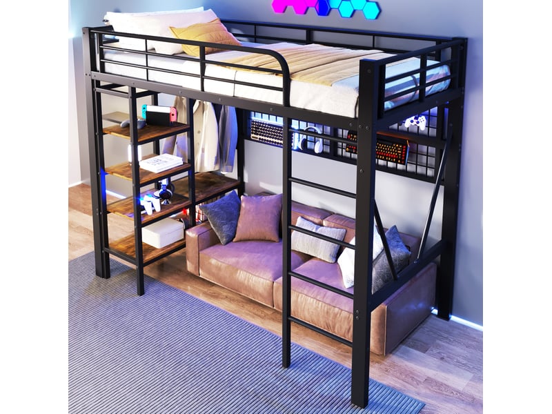  Lit mezzanine 90x200 cm avec éclairage led et rangements en métal et mdf noir  - Conforama D