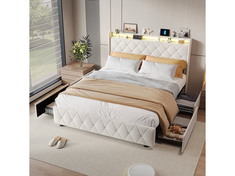  Lit double 140 x 200 cm beige – velours moelleux, tête de lit avec étagère &amp; veilleuse led, ports usbtype-c &amp; 4 tiroirs  - Conforama C