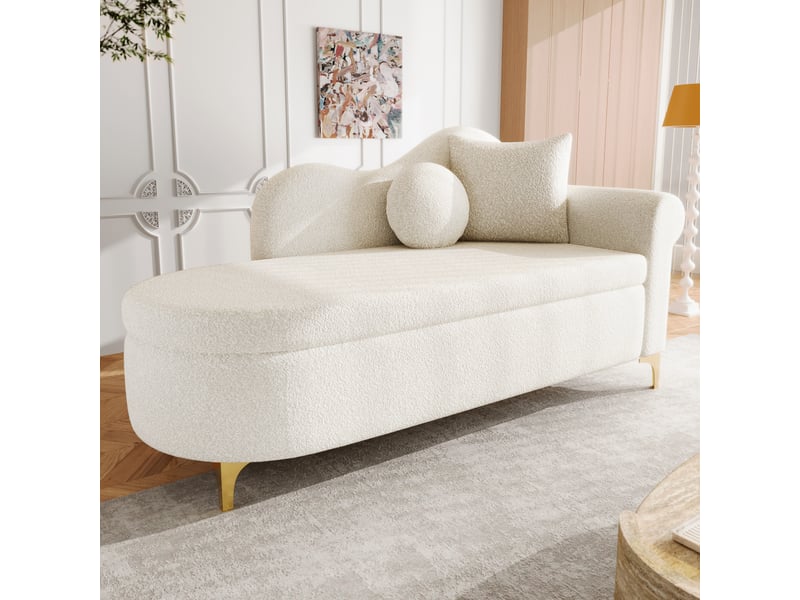  Chaise longue 134x64x70 cm - fauteuil lounge avec rangement - dossier ondulé moderne - tissu effet mouton - coussin lombaire et cervical - beige CozyNest - Conforama D