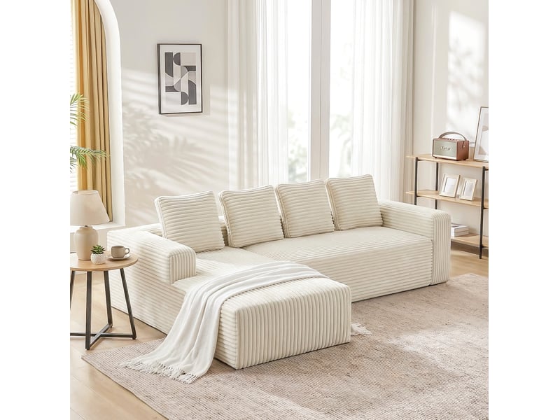  Canapé d'angle modulable 4 places en velours côtelé beige, méridienne réversible et assise profonde cloud  - Conforama B
