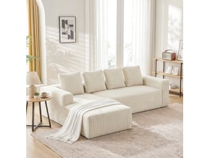 Canapé d'angle modulable 4 places en velours côtelé beige, méridienne réversible et assise profonde cloud