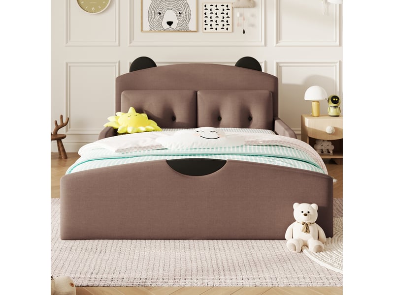  Lit plateforme 140x200 cm équipé de deux coussins décoratifs, tête de lit en forme d'ours, mdf, marron, matelas non fourni  - Conforama D