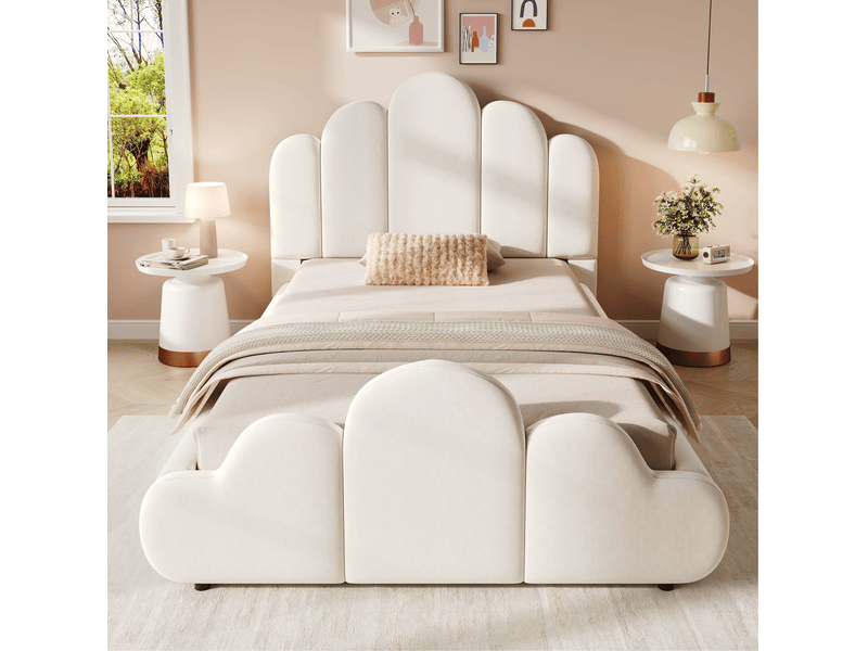  Lit simple 90 × 200 cm avec sommier à lattes, tête de lit rembourrée en velours beige pour chambre d'enfant  - Conforama E