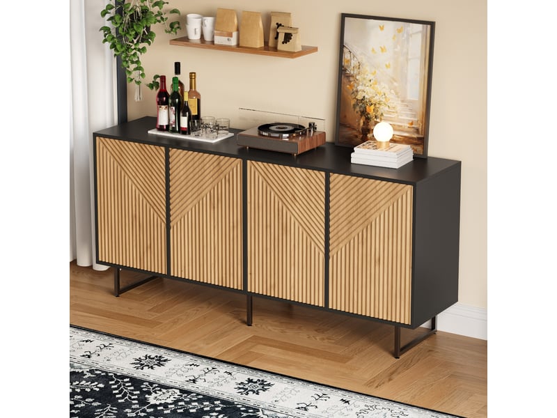  Buffet 4 portes 160 cm bois naturel et noir avec pieds en métal  - Conforama R