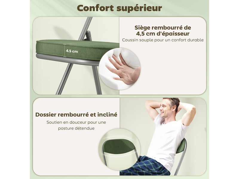 Lot de 4 chaises pliantes chaises de salle à manger portables avec assises et dossiers rembourrés en côtelé velours vert  - Conforama A