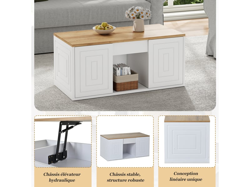  Table basse relevable 95x46x45 cm, hauteur réglable jusqu’à 59 cm, 2 portes, design épuré pour salon ou bureau, bois, blanc et naturel Sol Morn - Conforama E