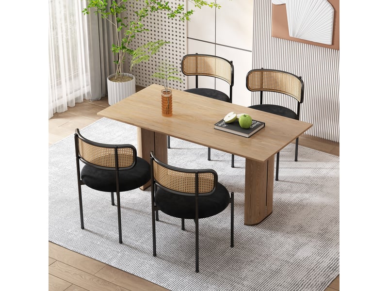 Chaise de salle à manger lot de 4 dossier en rotin courbé  - pieds en métal assise velours noir  - Conforama B