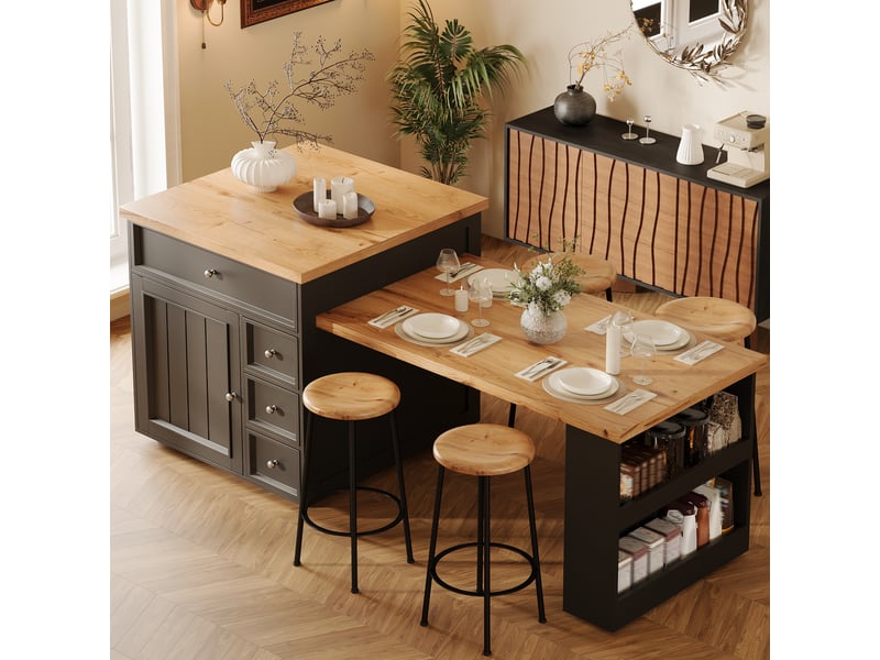  Îlot de cuisine extensible 120-184 cm, desserte à roulettes noire avec plateau aspect bois et tiroirs de rangement, mdf et métal.  - Conforama D