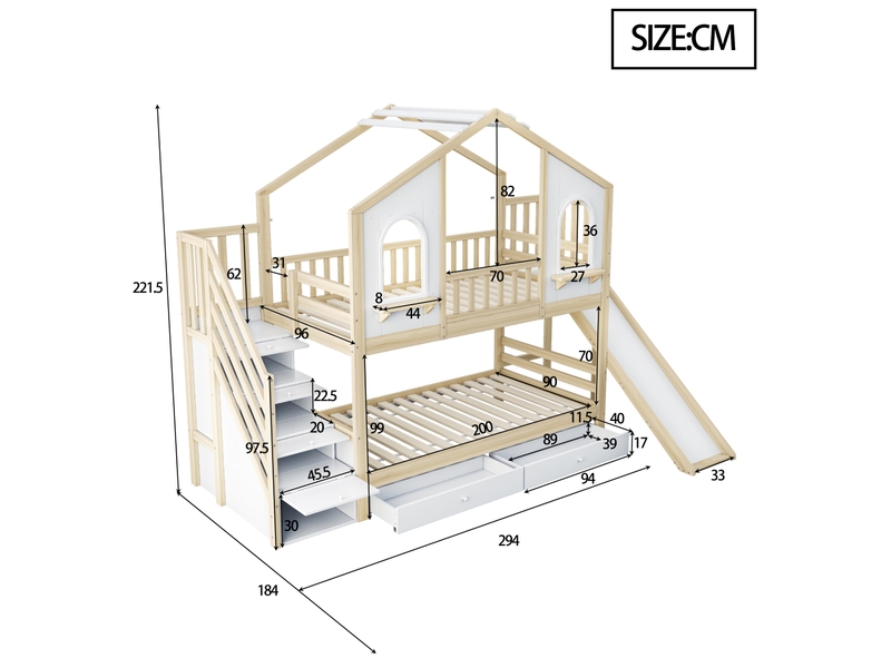  Lit superposé enfant style maisonnette bois naturel 90x200 cm, échelle rangement, toboggan et tiroirs  - Conforama C