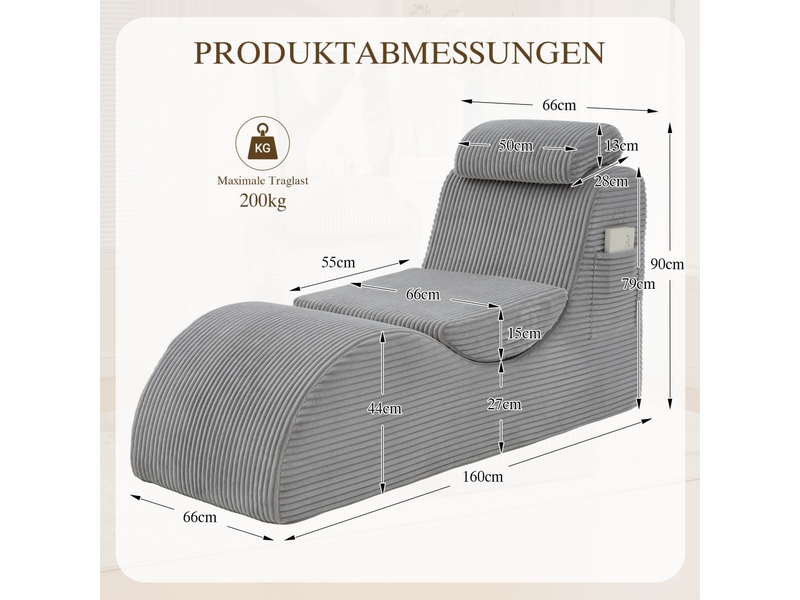  Fauteuil relax fixe en velours côtelé gris clair, avec repose-jambes et poche latérale pour vos moments détente  - Conforama C